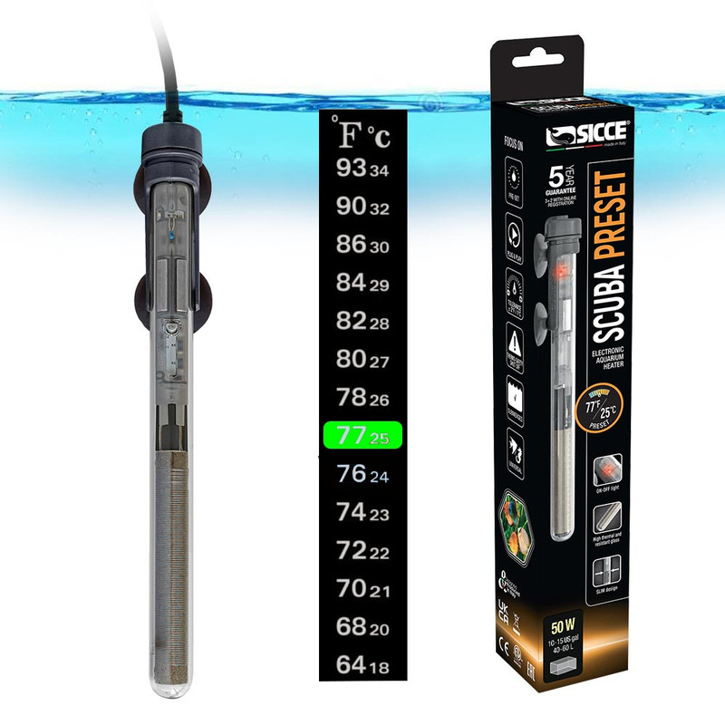 SICCE Scuba 50 Watt Aquarium Fish Tank Heater Preset at 77℉ For Up to 15 Gallons