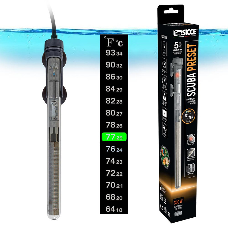 SICCE Scuba 300 Watt Aquarium Fish Tank Heater Preset at 77℉ For Up to 90 Gallons