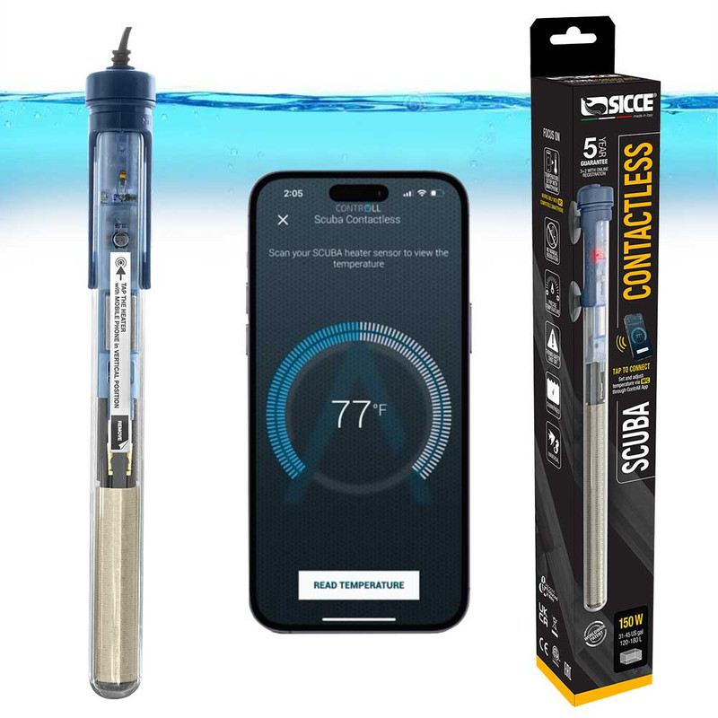 (OPEN BOX) SICCE Scuba 150 Watt Contactless App Adjustable Aquarium Fish Tank Heater Smartphone Controlled via NFC
