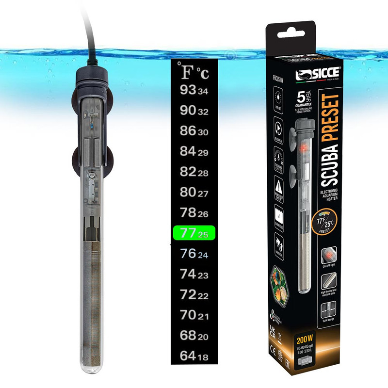 (OPEN BOX) SICCE Scuba 200 Watt Aquarium Fish Tank Heater Preset at 77℉ For Up to 60 Gallons