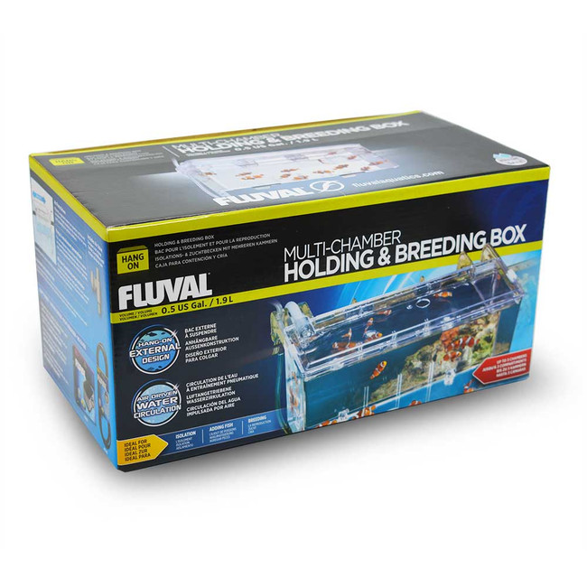 external box for fish tank 250 (40-75 gal) oxygenated water from main aquarium circulates continuously through the breeding box with the use of an air pump (sold separately) Fluval Hang On Breeding Box