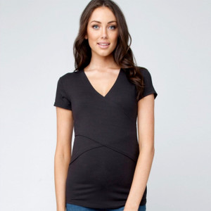 Ripe Maternity Embrace black nursing t-shirt with crossover v-neck design, worn by model on grey background
