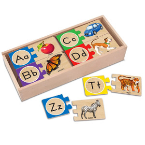Melissa & Doug Self-Correcting Alphabet Puzzle Cards set showing 26 two-piece letter puzzle cards