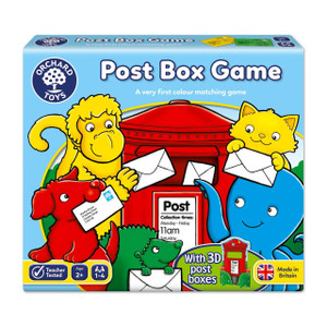 Orchard Toys Post Box Game in play showing child sorting letter cards into colour post boxes