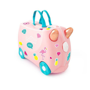 Trunki Flossi Flamingo pink ride-on suitcase with turquoise handles, wheels and tropical sticker decorations on white