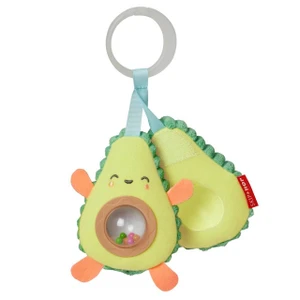 Skip Hop Farmstand Avocado Stroller Toy clipped to pram bar