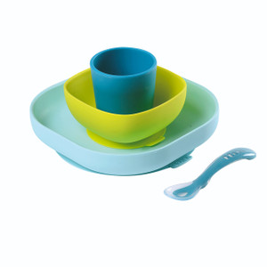 BEABA silicone suction meal set in blue and yellow featuring plate, bowl, cup and spoon on white background
