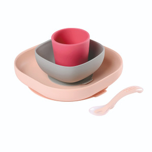 Beaba 4 Piece Silicone Suction Meal Set - Pink Beaba 4 Piece Silicone Suction Meal Set - Pink
