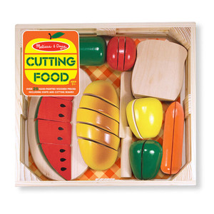 Melissa & Doug cutting food set wooden play toy with orange and banana pieces