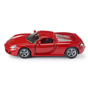SIKU red Porsche Carrera GT die-cast sports car, driver door open revealing grey interior, silver alloy wheels, elevated front three-quarter view