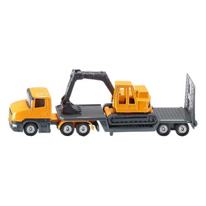 SIKU yellow-orange Scania low loader fully assembled with excavator loaded on dark grey trailer, direct left side profile view showing full vehicle length