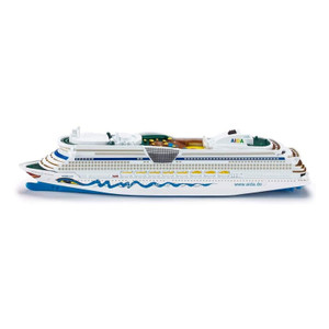 SIKU AIDALuna cruise ship die-cast model, direct starboard profile view showing white and blue hull, AIDA lip design, lifeboats, pool deck and antenna structures at 1:1400 scale