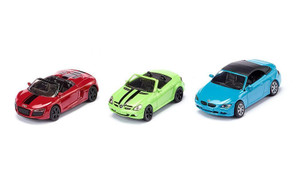 SIKU Convertible Cars Set three die-cast models together: red Audi R8 Spyder, lime green Mercedes SLK and blue BMW 6 Series