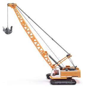 SIKU Liebherr cable excavator 1:87 scale on rubber crawler tracks, showing rotating body, articulated crane arm and opening excavator bucket in yellow livery