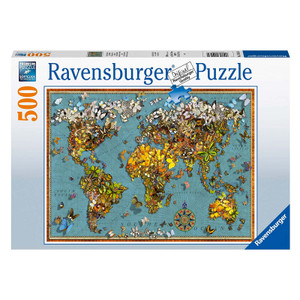 Ravensburger World of Butterflies 500-piece puzzle box featuring vibrant illustrated butterfly species collage