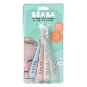 BEABA set of 4 silicone baby spoons in pastel blue, pink, and grey colours in retail packaging with baby image