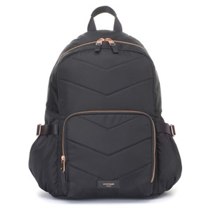 Storksak Hero black quilted nappy backpack with rose gold zippers and chevron stitching on white background