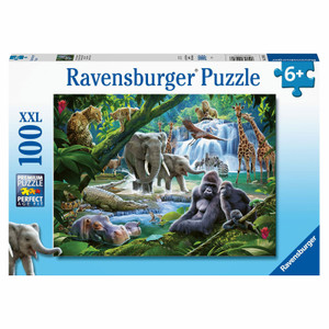 Ravensburger Jungle Animals 100pc puzzle box featuring vibrant tropical jungle wildlife scene