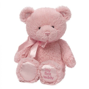 GUND My First Teddy Bear pink 25cm, seated front view, soft pastel pink plush with embroidered face