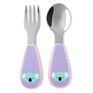 Skip Hop stainless steel fork and spoon set with purple handles featuring cute koala design for toddlers