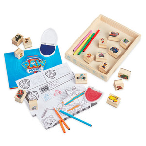 Melissa & Doug Paw Patrol wooden stamp set with coloured pencils, stamps, colouring sheets and storage box