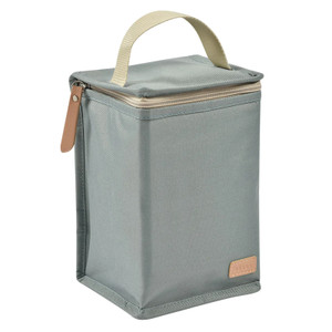 BEABA green insulated lunch bag with beige handle and zip, made from canvas fabric, rectangular shape on white background
