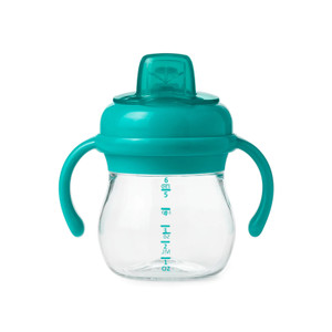 OXO Tot teal sippy cup with clear body, removable handles, soft spout lid and volume measurements in ounces and millilitres