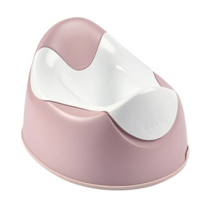 BEABA pink and white plastic training potty with ergonomic seat and high back on white background