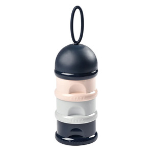 BEABA stackable formula container in dark blue, peach and grey with black dome lid and carry loop on white background