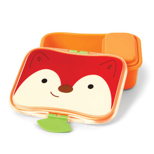Skip Hop Zoo fox lunch box in red and orange with cute animal face design, shown open with removable compartment