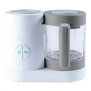 Beaba Babycook Neo white and grey dual-chamber baby food processor with steaming bowl and blending jar on white background