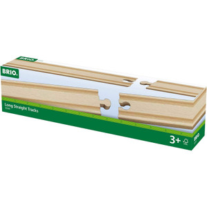 BRIO wooden railway long straight tracks in natural beech wood shown in green retail packaging with FSC certification logo