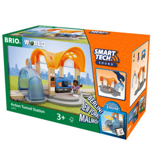 BRIO World Smart Tech Sound Action Tunnel Station wooden train set with orange arches and blue tunnel on box packaging