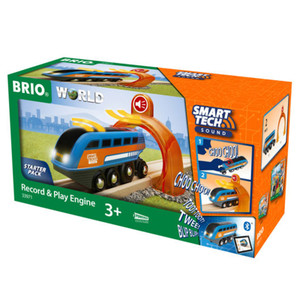 BRIO World Smart Tech Sound Record and Play Engine wooden train toy in blue and orange packaging, starter pack for ages 3+