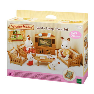 Sylvanian Families Comfy Living Room Set with plush sofa, armchairs, TV and snack table