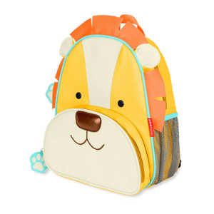 Skip Hop Zoo Lion backpack side view showing mesh bottle pocket