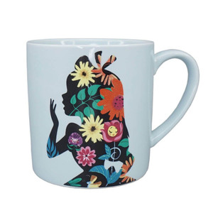 Disney Alice In Wonderland mug in pale blue featuring colourful floral silhouette design of Alice with flowers and leaves