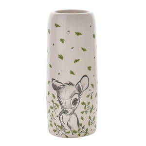 Disney Bambi ceramic vase in white with green leaf pattern and grey illustrated fawn design on cylindrical shape