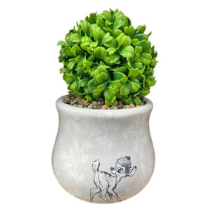 Disney Bambi ceramic planter with faux green succulent plant in grey pot featuring forest scene and deer illustration