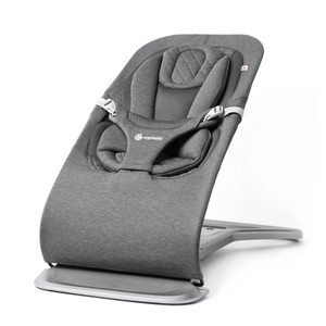 Ergobaby Evolve 3-in-1 baby bouncer in charcoal grey fabric with padded seat inserts and adjustable harness straps