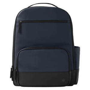 Skip Hop Flex navy blue nappy bag backpack with black trim, multiple pockets and carry handle on white background