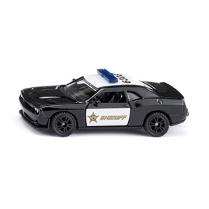 Siku Dodge Challenger SRT police car diecast toy in black and white with Sheriff livery, blue light bar, side view