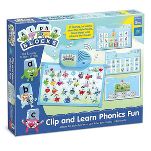 Alphablocks Clip and Learn Phonics Fun retail box showing 10 games, character mascots and ages 3 plus