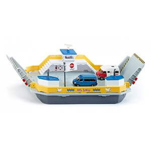Siku toy car ferry with yellow hull, blue ramps and white cabin, carrying miniature vehicles on deck in side view
