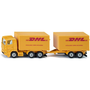 SIKU DHL truck and trailer side view showing yellow and red DHL livery with Excellence Simply Delivered text