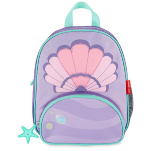 Skip Hop purple seashell backpack with pink shell design, turquoise trim and starfish charm on white background