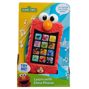 Sesame Street Elmo toy phone in red with numbered character buttons, displayed in colourful yellow and blue packaging