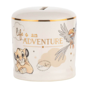 Disney Baby Simba ceramic money bank in white with gold text 'life is an ADVENTURE' and character illustrations