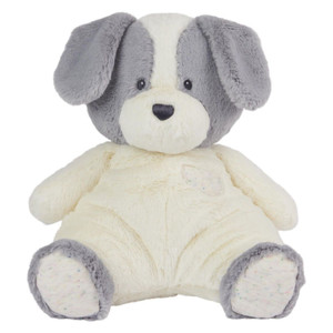 Gund plush grey and white puppy soft toy with floppy ears, cream body and paws on white background