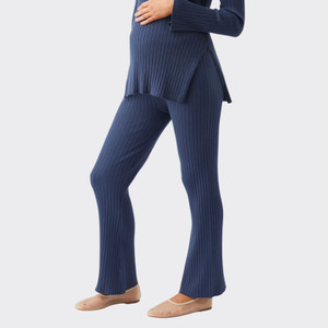 Ripe Maternity ribbed knit maternity pants in French navy blue worn with matching top and nude ballet flats